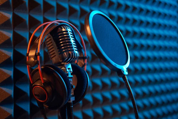 Studio-Kondensatormikrofon mit professionellem Kopfhörer-Akustikpanel — Stockfoto