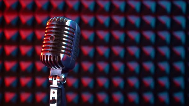 Closeup Retro Microphone Standing Stand Acoustic Foam Panel Background Lighted — Stock Video