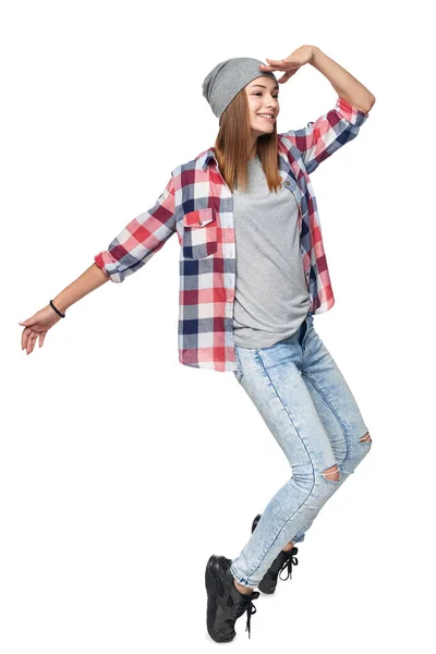 Usmívající Teen Dívka Dívá Pryč Stojí Celé Délce Špičkách Izolované — Stock fotografie
