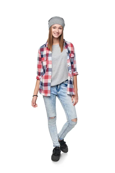 Smiling Relaxed Teen Girl Standing Full Length Looking Camera Studio — Stock Photo, Image