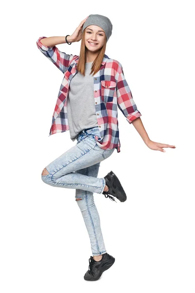 Menina Adolescente Feliz Comprimento Total Saltando Regozijo Olhando Para Câmera — Fotografia de Stock