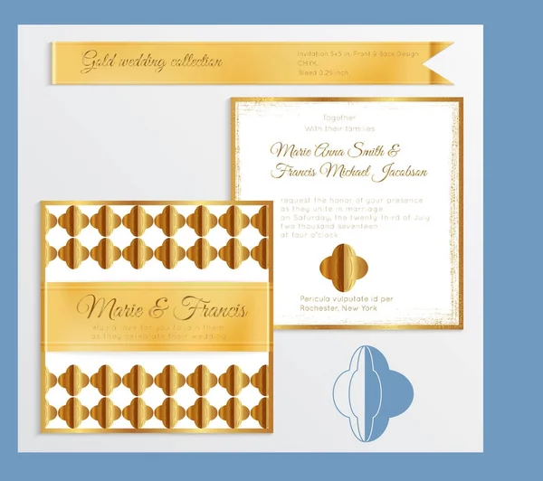 Modèle d'invitation de mariage de luxe avec côtes réalistes brillantes dorées — Image vectorielle