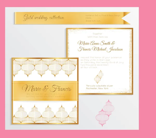 Modèle d'invitation de mariage de luxe avec côtes réalistes brillantes dorées — Image vectorielle