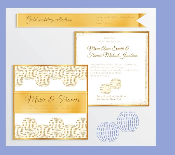 Luxus Hochzeitseinladungsschablone mit goldglänzendem, realistischem Rippenmuster — Stockvektor