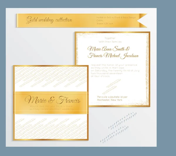 Luxe bruiloft uitnodiging sjabloon met gouden glanzend realistische rib — Stockvector