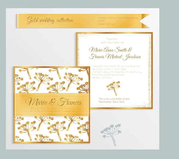 Modelo de convite de casamento de luxo com costela realista brilhante ouro — Vetor de Stock