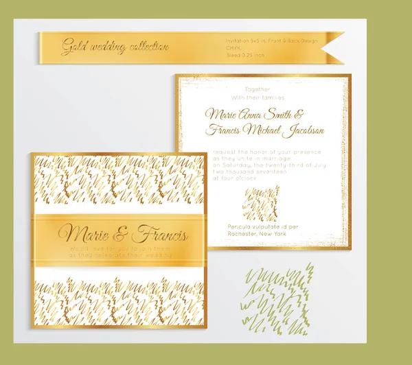 Modèle d'invitation de mariage de luxe avec côtes réalistes brillantes dorées — Image vectorielle