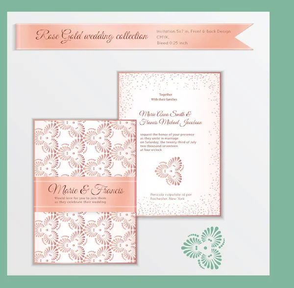 Modèle d'invitation de mariage de luxe avec or rose brillant realisti — Image vectorielle