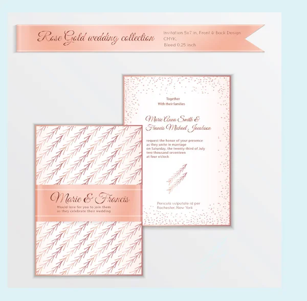 Luxury wedding invitation template with rose gold shiny realisti — Stock Vector