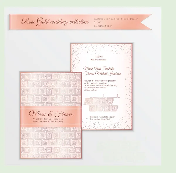 Luxury wedding invitation template with rose gold shiny realisti — Stock Vector