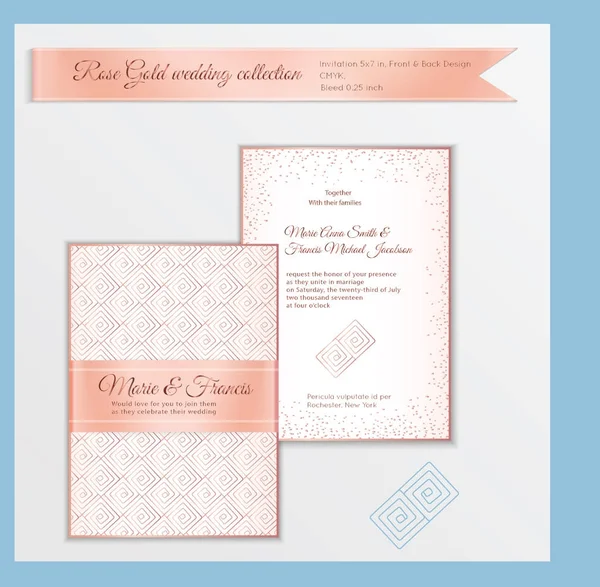 Luxury wedding invitation template with rose gold shiny realisti — Stock Vector