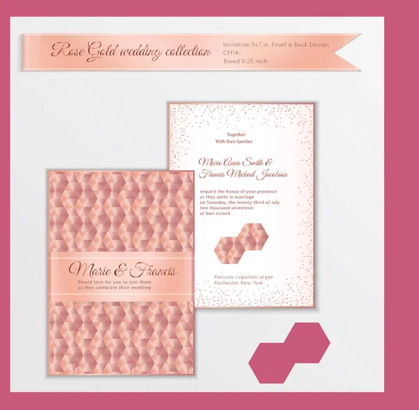 Modèle d'invitation de mariage de luxe avec or rose brillant realisti — Image vectorielle