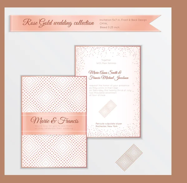 Luxury wedding invitation template with rose gold shiny realisti — Stock Vector