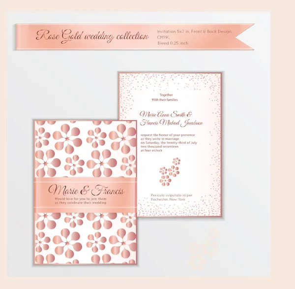 Luxury wedding invitation template with rose gold shiny realisti — Stock Vector