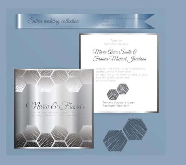 Luxus-Hochzeitseinladungsvorlage mit silbrig glänzendem Ornament — Stockvektor