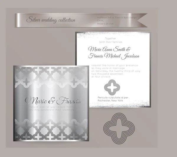 Plantilla de invitación de boda de lujo con adorno brillante plateado — Vector de stock