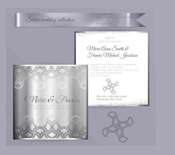 Luxus-Hochzeitseinladungsvorlage mit silbrig glänzendem Ornament — Stockvektor