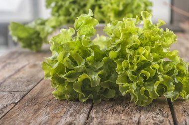 Green lettuce leaves. Lettuce leaves on wooden background. Fresh lettuce on kitchen table. Healthy organic food.