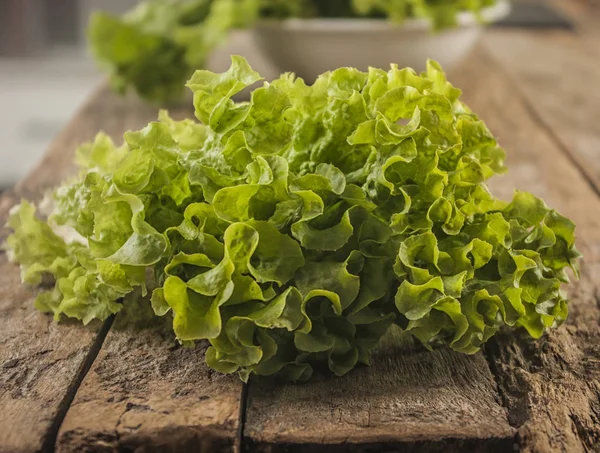 Single lettuce head over rustic wooden background — Stock Photo, Image