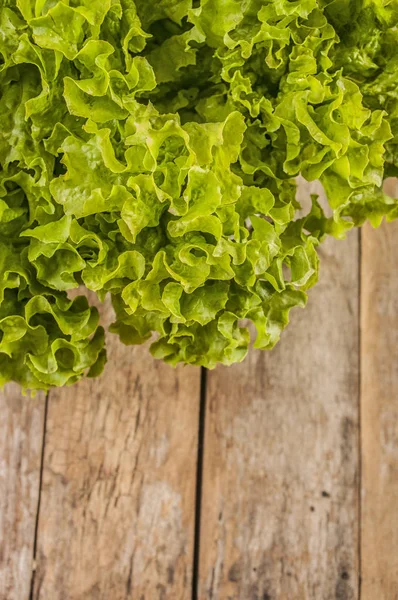 Gröna salladsblad. Salladsblad på trä bakgrund. Färsk sallat på köksbordet. Hälsosamma ekologiska livsmedel. — Stockfoto