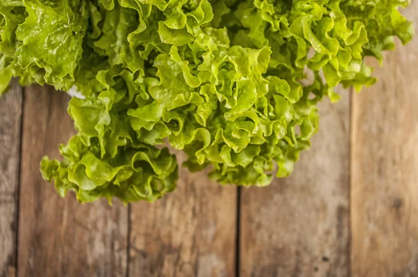 Gröna salladsblad. Salladsblad på trä bakgrund. Färsk sallat på köksbordet. Hälsosamma ekologiska livsmedel. — Stockfoto