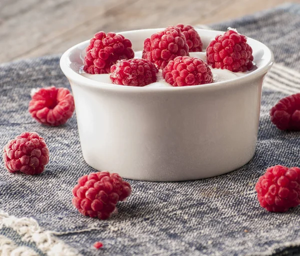 Cream dessert with raspberries — Stock Photo, Image