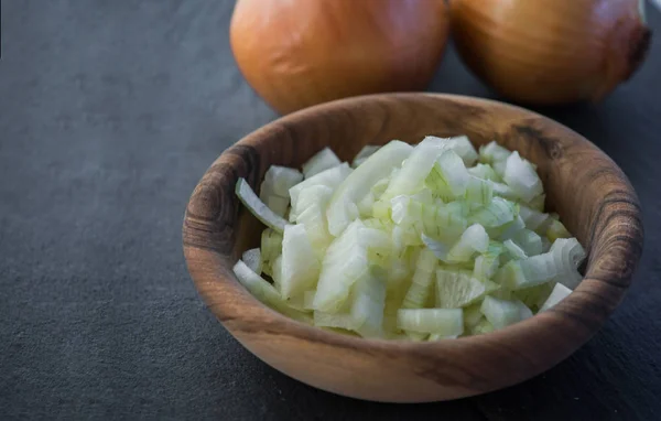 White Onion Cubes Wooden Bowl Chopped Fresh Raw Allium Cepa — Stock Photo, Image
