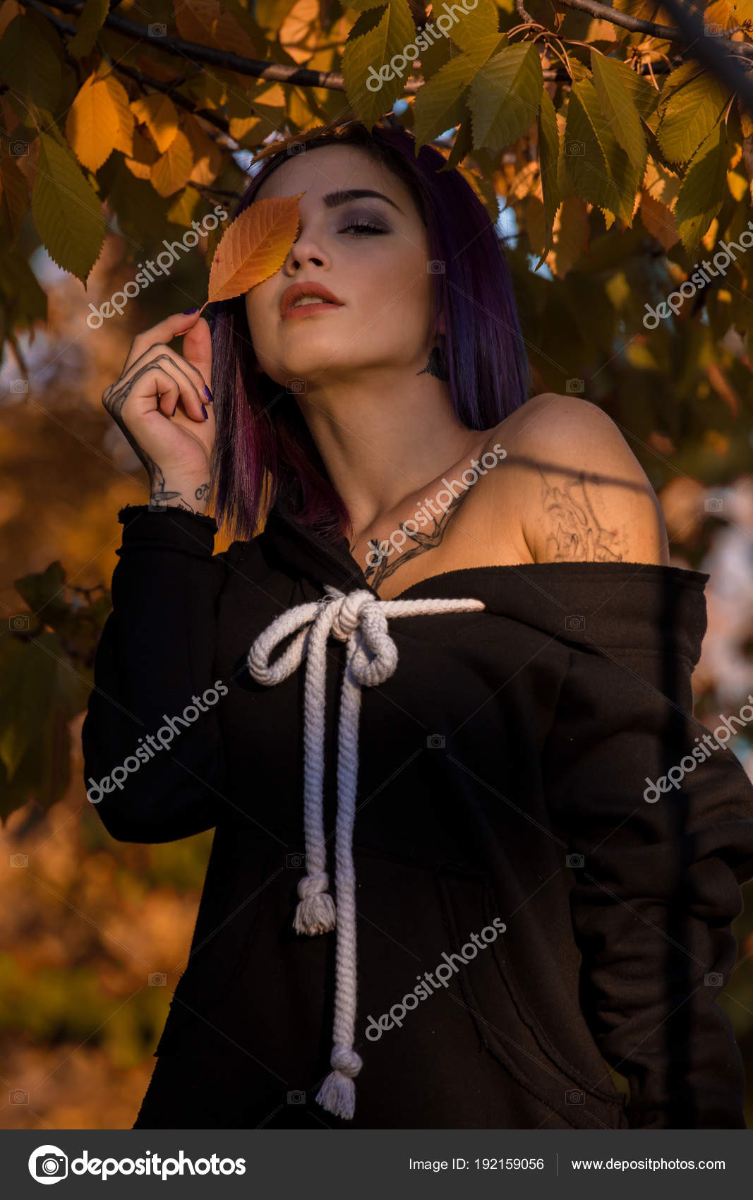 Beautiful Woman Purple Dyed Hair Wearing Black Dress Posing Autumn