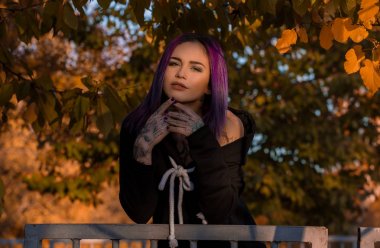 çit yaslanmış ve sonbahar parkta poz siyah elbise giyen mor boyalı saçlı güzel kadın 