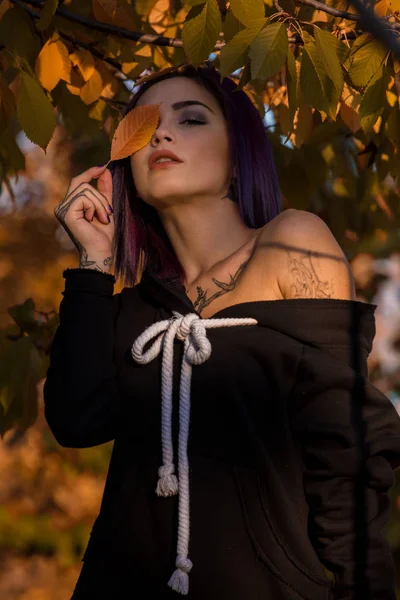 Bella Donna Con Capelli Viola Tinti Indossando Abito Nero Posa — Foto Stock