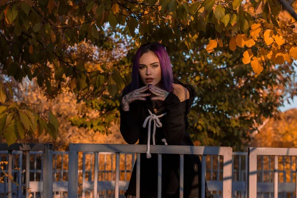 フェンスにもたれてと秋の公園でポーズを黒のドレスを着て紫の染め髪の美女 — ストック写真