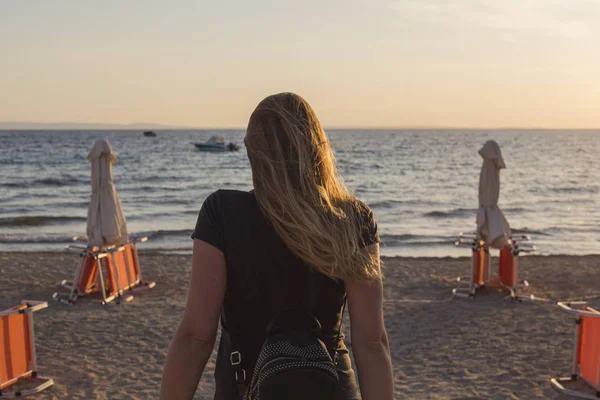 woman travel in greece.Nikiti, Sithonia, Chalkidiki Peninsula, Greece