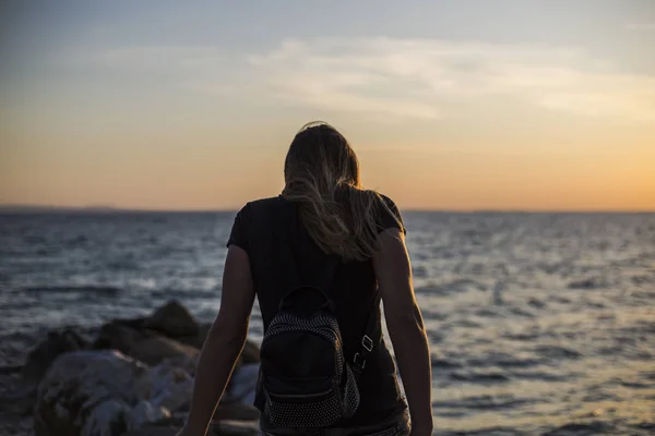 woman travel in greece.Nikiti, Sithonia, Chalkidiki Peninsula, Greece