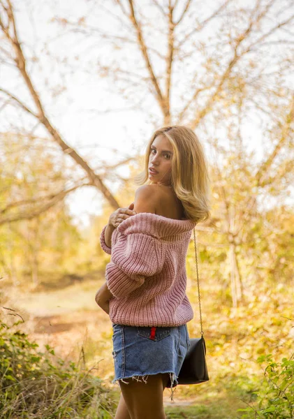 Retrato Otoño Mujer Afuera Con Suéter Rosa — Foto de Stock