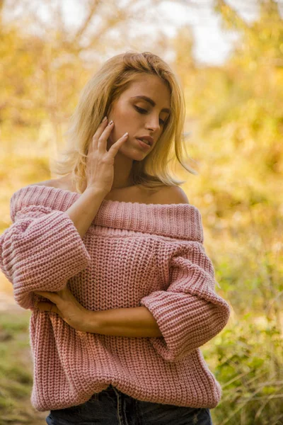 Retrato Otoño Mujer Afuera Con Suéter Rosa — Foto de Stock