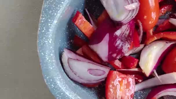 Cebolla Rodajas Pimiento Rojo Plato Cocina Casera Video — Vídeo de stock