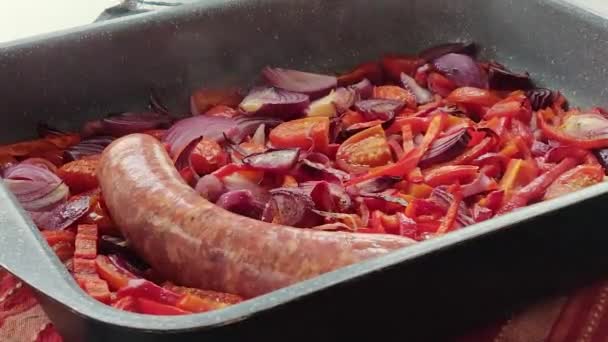 Raw Sausages Sliced Onion Red Pepper Home Cooking Video — Stock Video