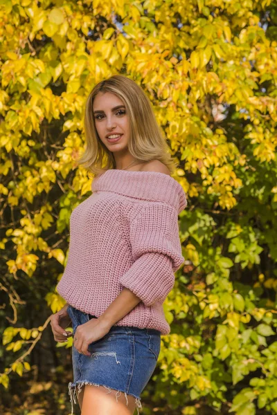 스웨터를 아름다운 금발의 공원에서 나뭇잎 컨셉으로 포즈를 취하고 있습니다 — 스톡 사진