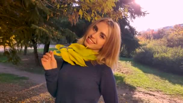 Sonbahar Sezonu Yapraklarla Oynayan Bir Kadının Portresi — Stok video