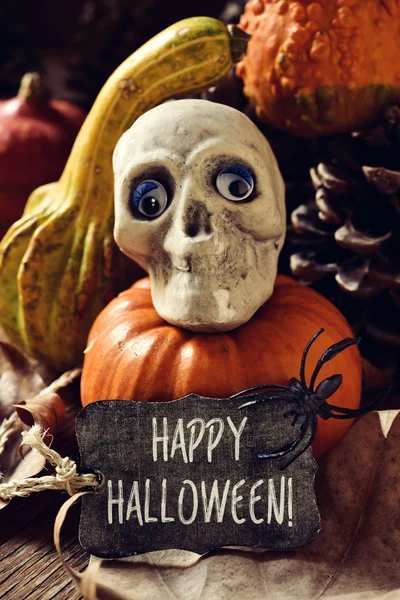 Totenkopf, Kürbisse und Text fröhliches Halloween — Stockfoto