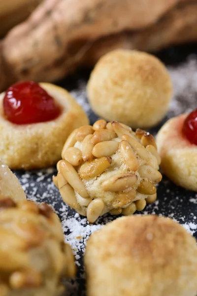 Homemade panellets, typical of Catalonia, Spain, and sweet potat — Stock Photo, Image