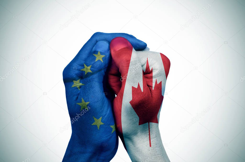 hands patterned with the European and the Canada flags put toget