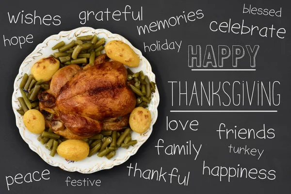 Roast turkey and text happy thanksgiving — Stock Photo, Image