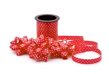 Kırmızı hediye puf beyaz noktalı desenli yay