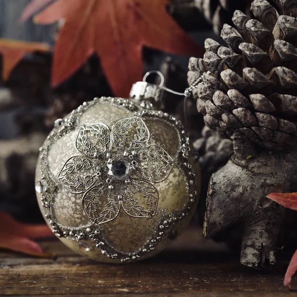 Bola de Navidad, hojas secas y conos de pino — Foto de Stock