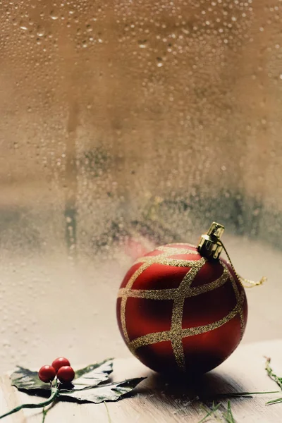 Холлі і різдвяний м'яч в дощовий день — стокове фото