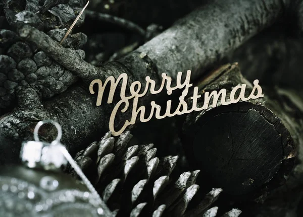Baumstämme, Tannenzapfen und Text frohe Weihnachten — Stockfoto