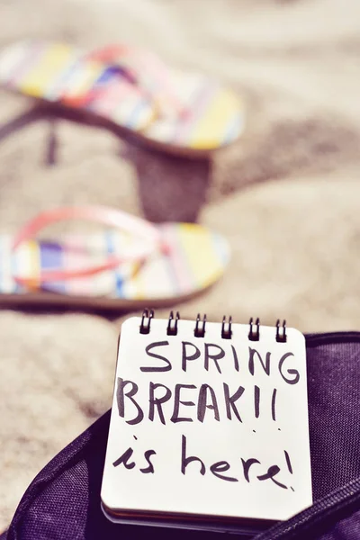 Text spring break is here in a notepad — Stock Photo, Image