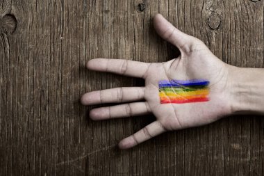 adam elinde boyalı bir gökkuşağı bayrağı ile