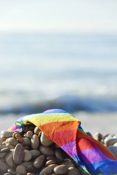 조약돌 해변에 무지개 깃발 — 스톡 사진